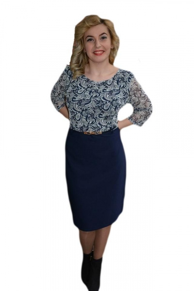 Rochie casual, bleumarin cu imprimeu alb si curea ingusta in talie