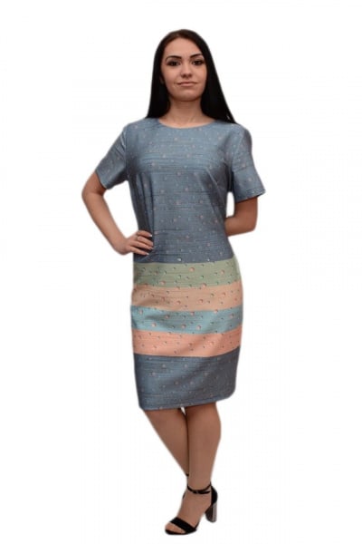 Rochie cu buline si dungi multicolore, maneca scurta, decolteu mic