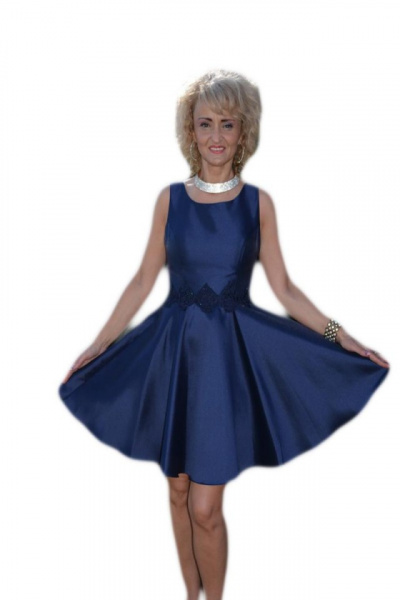 Rochie de ocazie scurta, bleumarin, dantela si funda aplicata