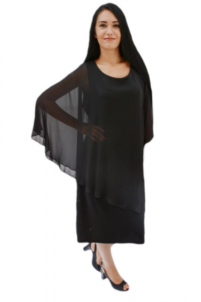 Rochie eleganta din material elastic si voal lejer aplicat, neagra