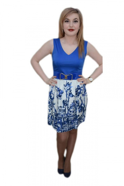 Rochie eleganta, nuanta de albastru, imprimeu abstract