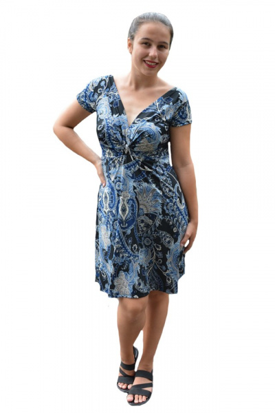 Rochie Eleonor, imprimeu abstract albastru ,nuanta de negru