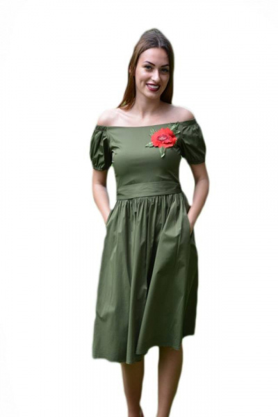 Rochie tinereasca, greenery, cu decolteu drept si maneca scurta