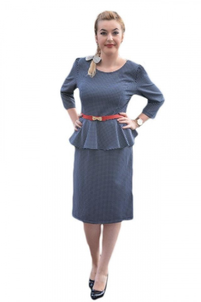 Rochie tip costum masura mare cu imprimeu pepit bleumarin-alb