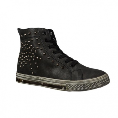 Tenis modern, tineresc, cu insertii metalice, inalti pe glezna, negri