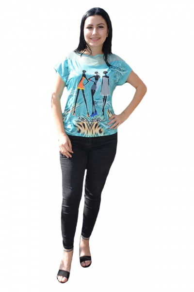 Tricou in nuanta de turcoaz, maneci scurte, imprimeu interesant aplicat