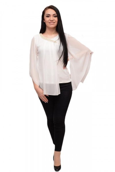 Bluza fashion cu voal si aplicatii de voal simplu, asimetric, alb