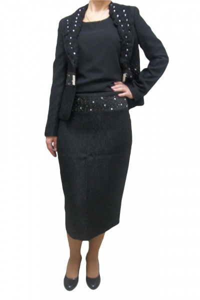 Costum negru, elegant, cu fusta midi, sacou cu maneca lung