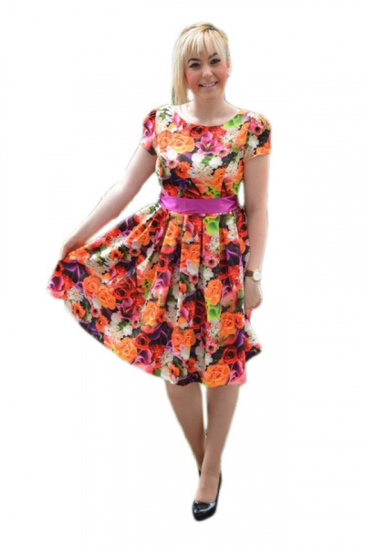 Rochie caasual cu design de flori multicolore si cordon din saten