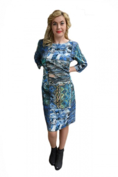 Rochie comoda de zi cu imprimeu nonfigurativ in nuante turcoaz