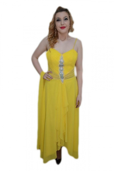 Rochie de ocazie, nuanta galbena, design de volanase in fata