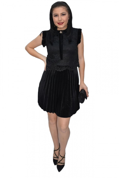 Rochie de ocazie Relisa cu guler incretit si insertii de dantela,negru