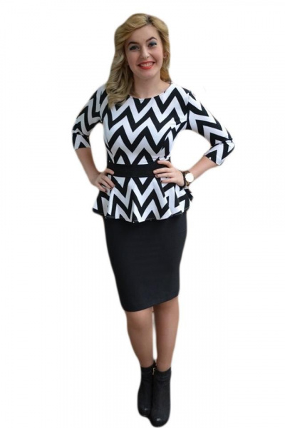 Rochie de ocazie tip costum cu elastic si peplum in talie, negru-alb