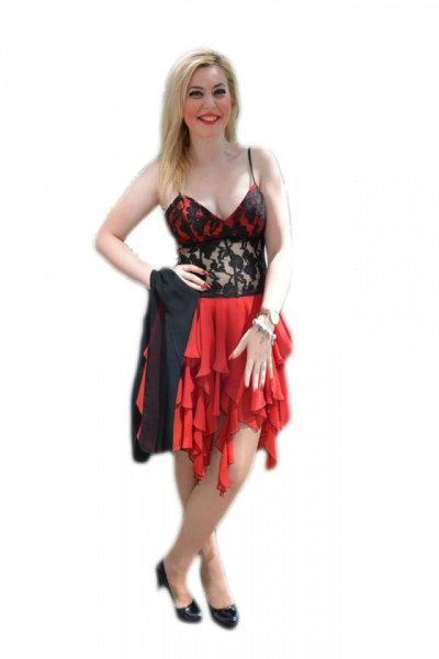 Rochie de seara rosie, design asimetric, cu insertii din dantela neagra