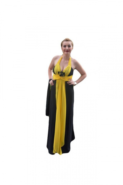 Rochie deosebita de gala, neagra cu insertii galbene, lungime maxi