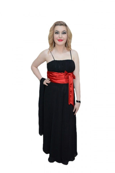 Rochie lunga de gala, model simplu, clasic, neagra cu detaliu rosu