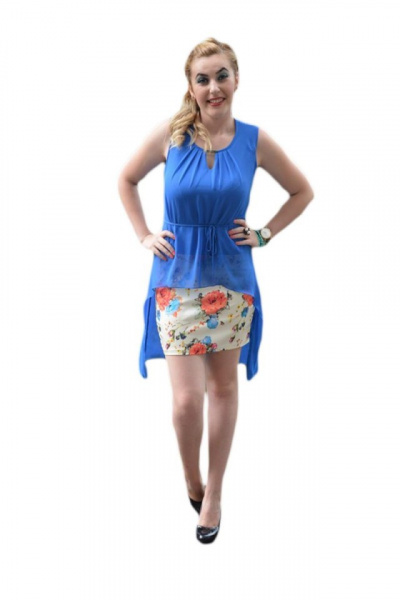 Rochie moderna nuanta albastra cu voal asimetric, design floral