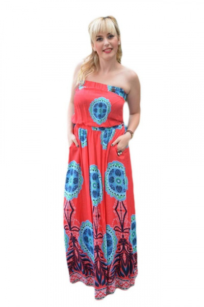 Rochie rosie trendy de vara, model lung cu insertii de elastic