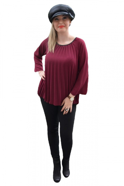 Bluza casual cu model de pliuri mari verticale, nuanta marsala