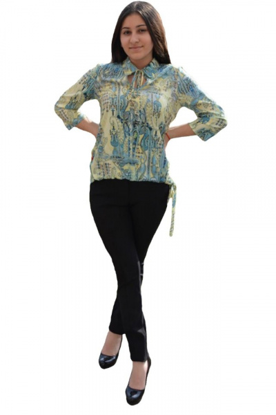 Bluza oversize in nuanta galben-albastru, cu guler mic, ascutit
