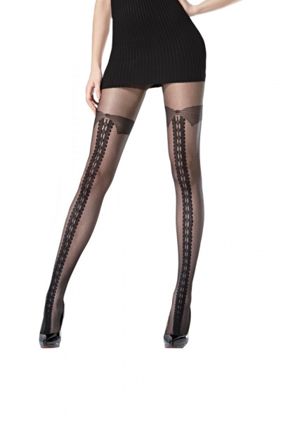 Ciorap pantalon fin, negru, cu model rafinat in fata, de 20 den