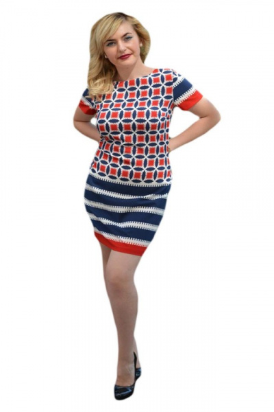 Rochie casual, cu imprimeu geometric rosu-alb-bleumarin