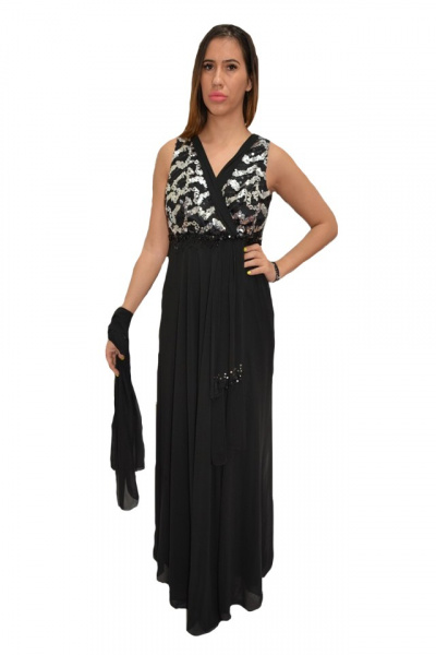 Rochie de gala lunga, cu insertii de paiete argintii, pe fond negru