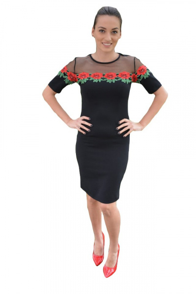 Rochie de ocazie, neagra, cu broderie florala in partea de sus