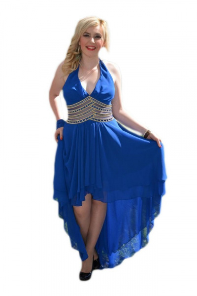 Rochie de seara lunga, albastru regal cu trena, insertii de voal si strasuri aurii