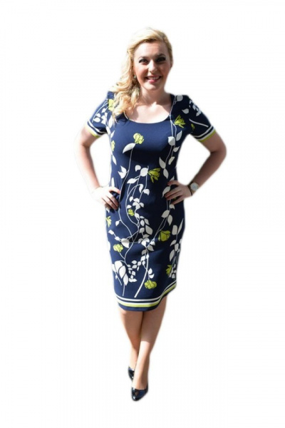 Rochie de zi, bleumarin, model cambrat pe corp, cu detalii alb-verde
