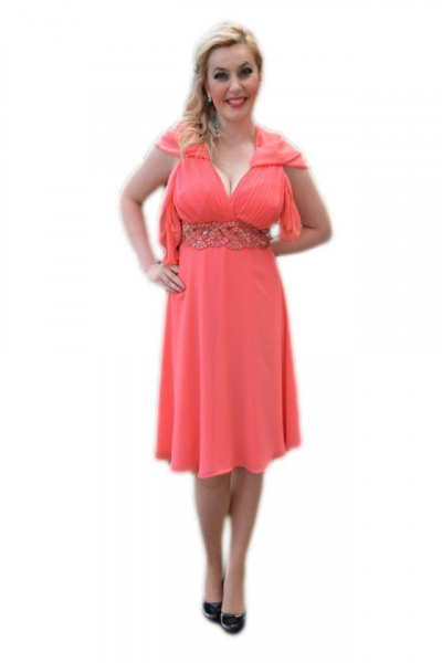Rochie eleganta, model scurt, de culoare corai si insertii argintii