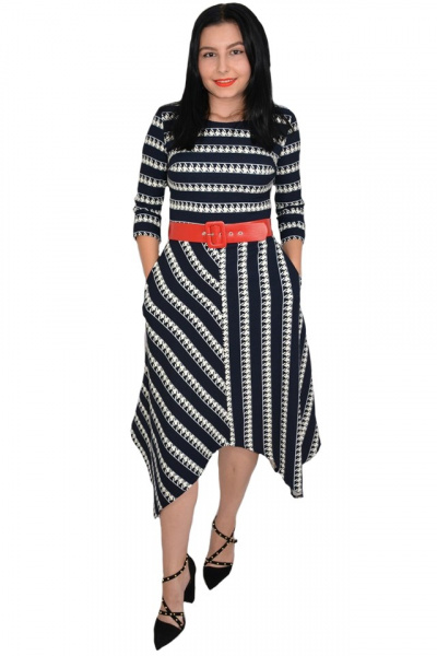 Rochie eleganta Zoey .model cu dungi pepit si croi asimetric,nuanta de bleumarin