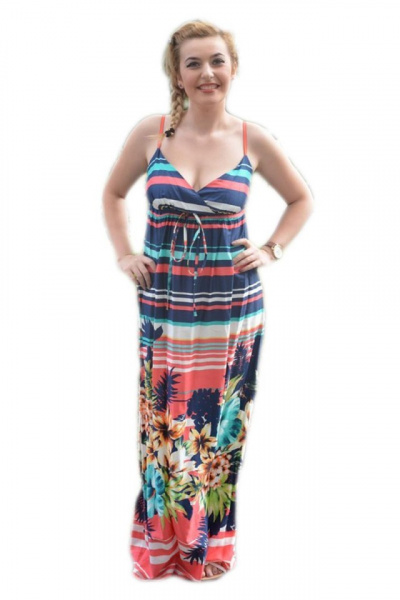Rochie lunga de vara multicolora cu design de dungi si flori