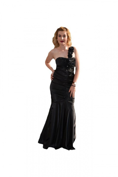 Rochie lunga. eleganta, saten negru, model tip sirena, one-shoulder