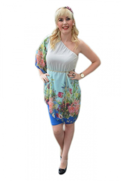 Rochie moderna one-shoulder, culoare albastra, cu flori colorate