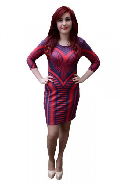 Rochie mulata, nuanta de rosu-bleumarin, design geometric
