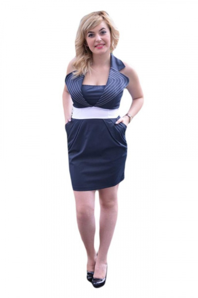 Rochie bleumarin cu panglica alba in talie si fundita in spate