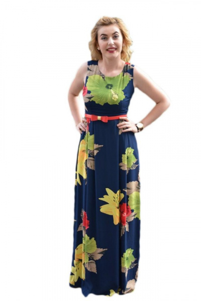 Rochie comoda de vara, model lung, bleumarin cu flori colorate