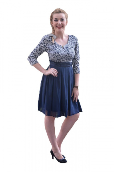 Rochie de ocazie, bleumarin-alb cu fir auriu si voal