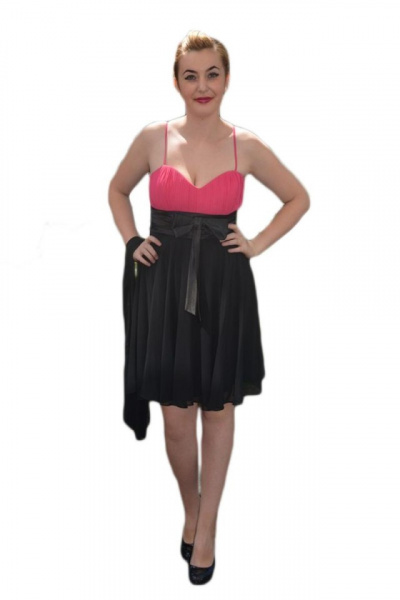 Rochie de ocazie frumoasa, bicolora, neagra cu roz, in falduri ample