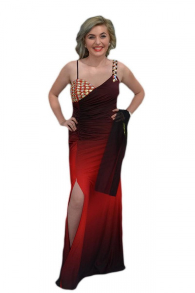 Rochie de seara lunga, rosie, cu insertii de strass-uri mari multicolore