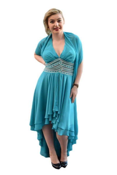 Rochie eleganta, culoare turcoaz, model scurt in fata lung in spate