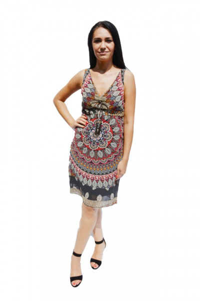 Rochie vaporoasa de vara cu decolteu in V, imprimeu multicolor