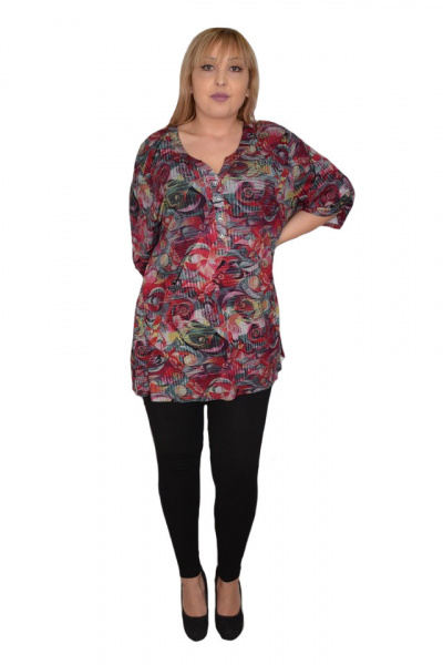 Bluza lejera de zi, model multicolor abstract cu nasturi, in nuanta de rosu