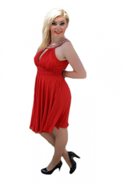 Rochie de seara scurta, pe culoare rosie cu insertii de strasuri