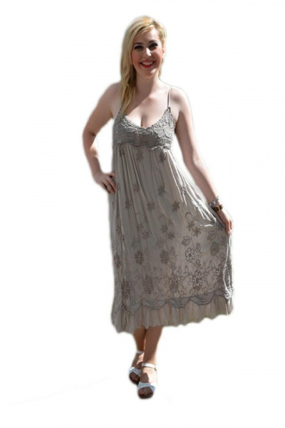 Rochie de vara lunga, cu broderie deosebita, in culoare maro