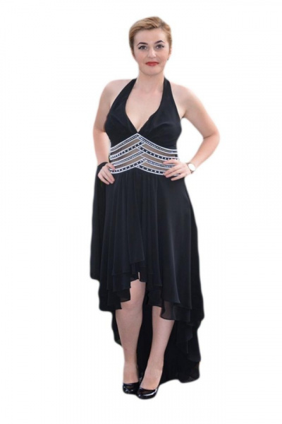 Rochie rafinata de seara, neagra, cu falduri si insertie argintie in talie