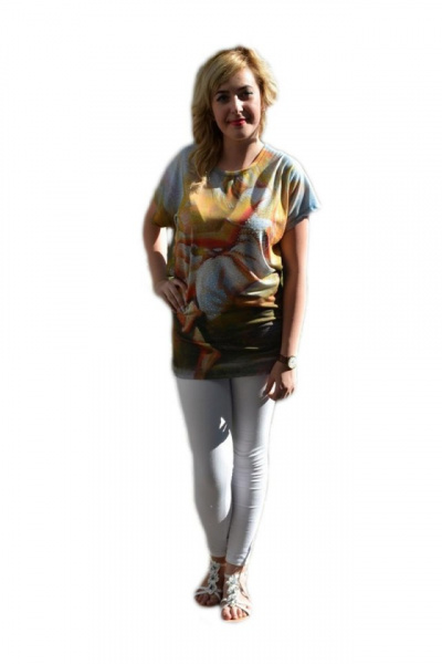 Tricou multicolor, maneca scurta, decolteu rotund, imprimeu fin