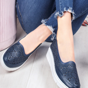 Balerini damă bleumarin din piele naturală cu talpă groasă confortabilă - Img 2