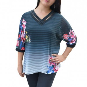Bluza casual-elegant cu design de flori si dungi pe fond negru - Img 1